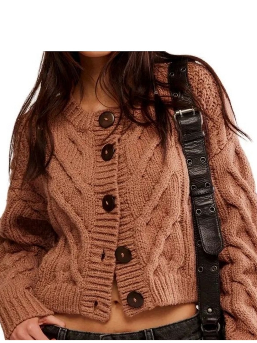 Free People Chunky Knit Cardigan Brown Cable Sweater Women’s XL Crop Cozy Boho